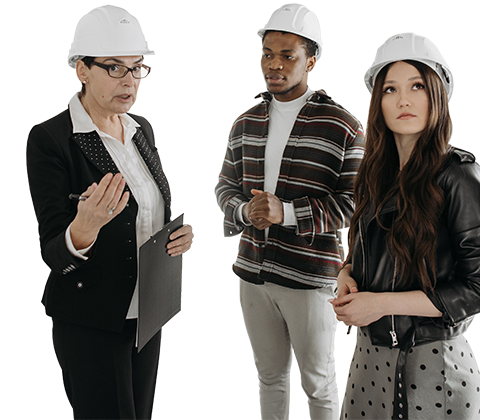 One person is explaining to the two person while all of them are wearing hard hat