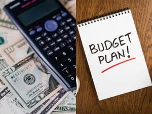 calculator on cash beside notebook labeled “budget plan.”