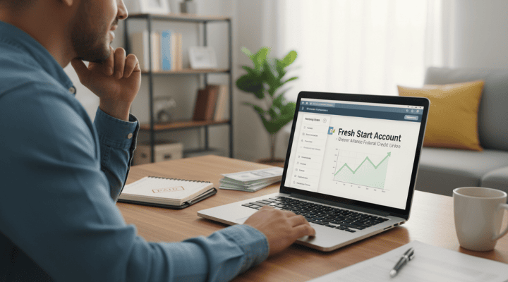 a man sitting at a desk, looking at a laptop screen displaying a banking interface with a graph showing financial growth and the text "fresh start account - greater alliance federal credit union."