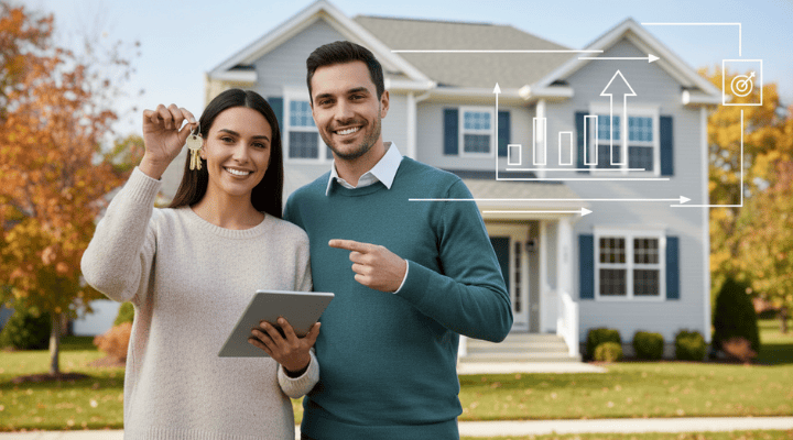 a smiling couple holding keys in front of a new house, with financial charts overlaid to represent mortgage planning.